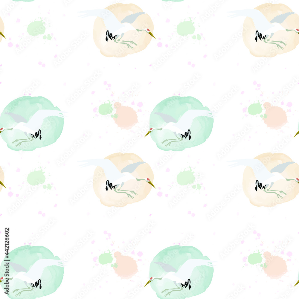 Seamless bird pattern and watercolor spots and splashes in digital techniques. For wallpaper, textiles, gift packages, websites. Vector eps10