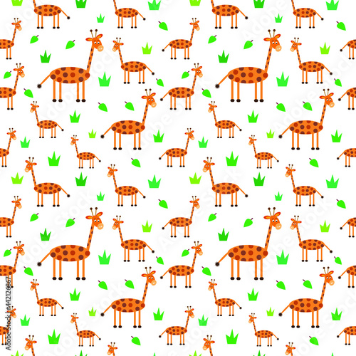Fototapeta Naklejka Na Ścianę i Meble -  Seamless pattern with cute giraffe. Funny vector illustration. May be used for childish clothing, textile, wrapping, fabric.