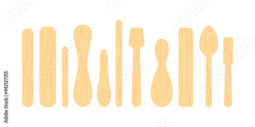 Popsicle stick and wood spoon for ice cream, medical tongue depressor set. Different wooden stick for medical throat examination, sundae and frozen yoghurt. Flat cartoon vector clip art illustration
