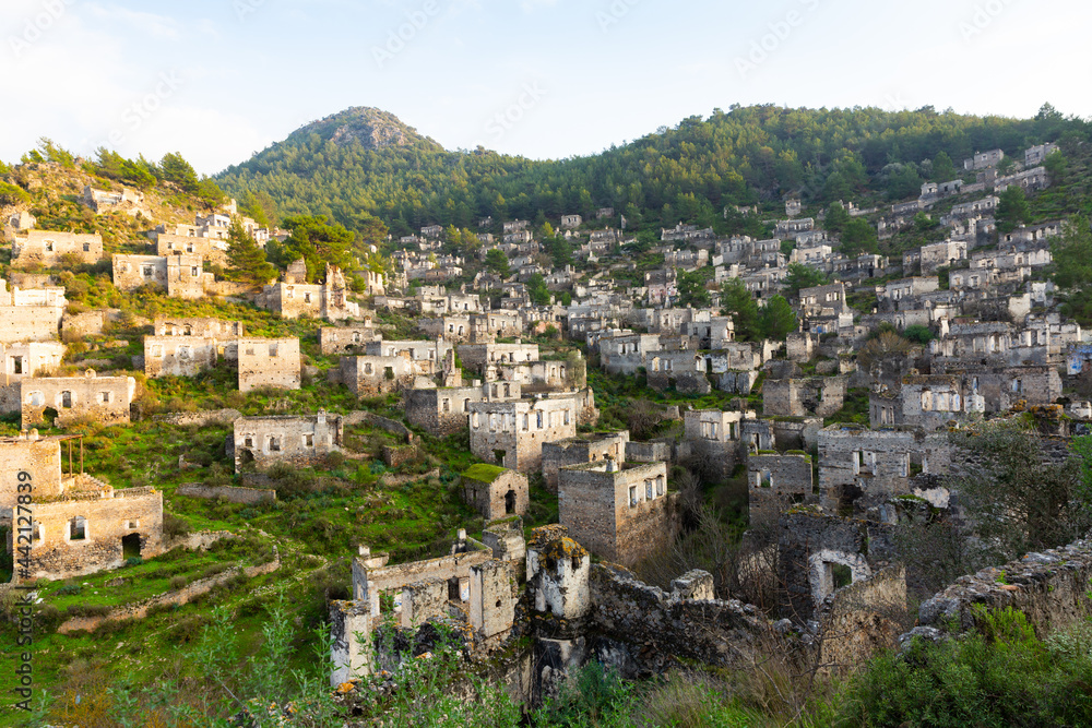 Aerial view of abandoned ancient Greek village of Kayakoy overlooking remaining houses covering green mountainside, Turkey