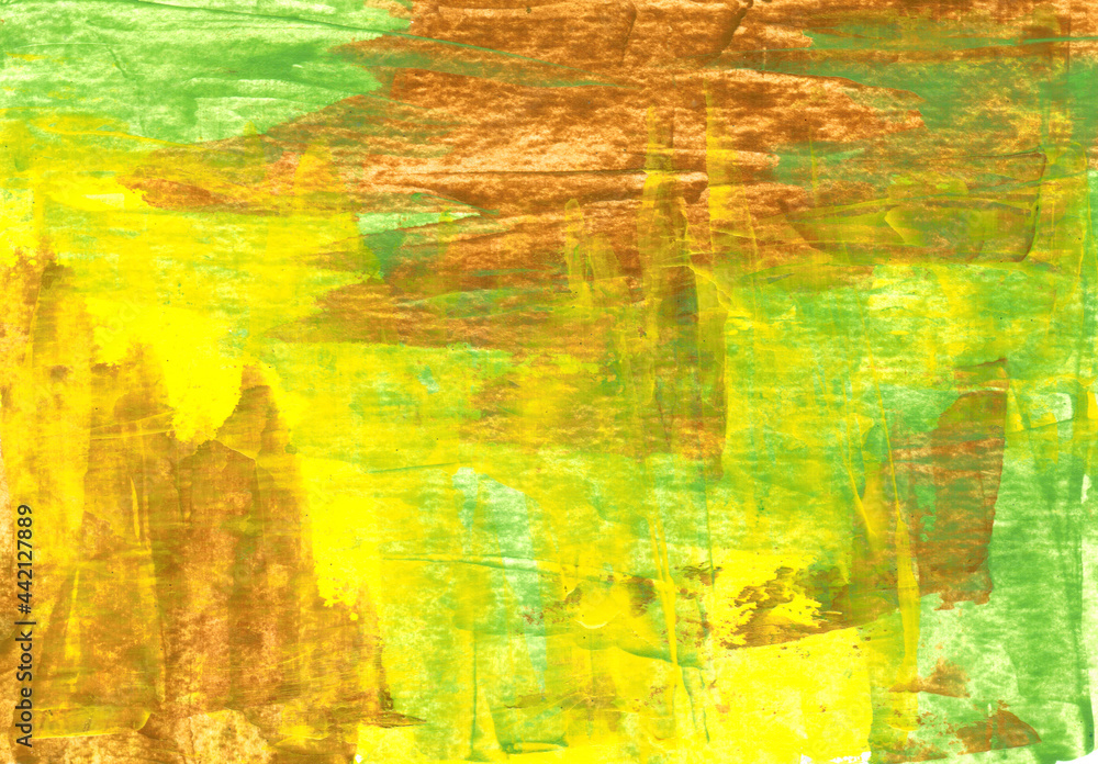 Abstract hand drawn colorful and texture background. Yellow, green and brown colors mixed together. Abstract lines and blots. Interior picture, modern art. Beautiful creative print