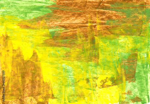 Abstract hand drawn colorful and texture background. Yellow, green and brown colors mixed together. Abstract lines and blots. Interior picture, modern art. Beautiful creative print