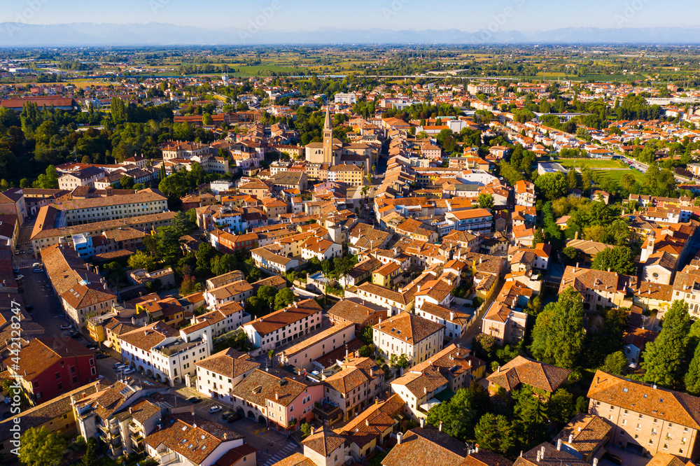 Picturesque aerial view of Portogruaro cityscape in sunny summer day, Italy..