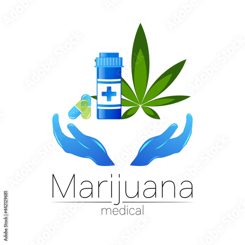 Medical cannabis symbol in vector. Logotype for marijuana, nature herbal medicine, therapy, doctors and store, business. Isolated on white. Blue and green color. Icon with human hands