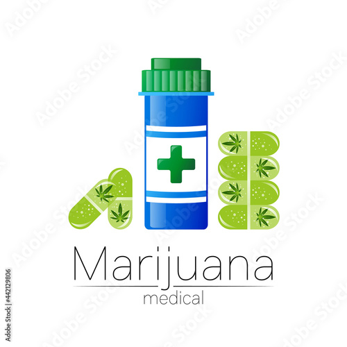 Medical cannabis symbol in vector. Logotype for marijuana, nature herbal medicine, therapy, doctors and store, business. Isolated on white background. Blue and green color. ew capsules