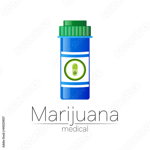 Medical cannabis symbol in vector. Logotype for marijuana, nature herbal medicine, therapy, doctors and store, business. Isolated on white background. Blue and green color. Pill and tablet health care