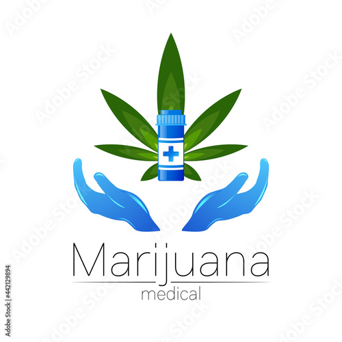 Medical cannabis symbol in vector. Logotype for marijuana, nature herbal medicine, therapy, doctors and store, business. Isolated on white. Blue and green color. Icon with human hands