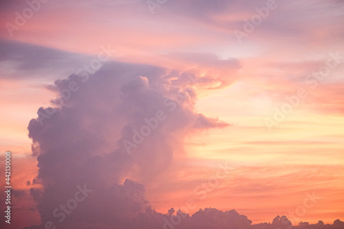 Evening sky sunset. big puffy cumulus and long stratus clouds. sky background with clouds