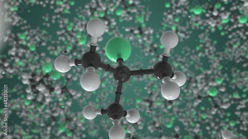 2-chloro-2-methylpropane molecule, conceptual molecular model. Scientific looping 3d animation photo