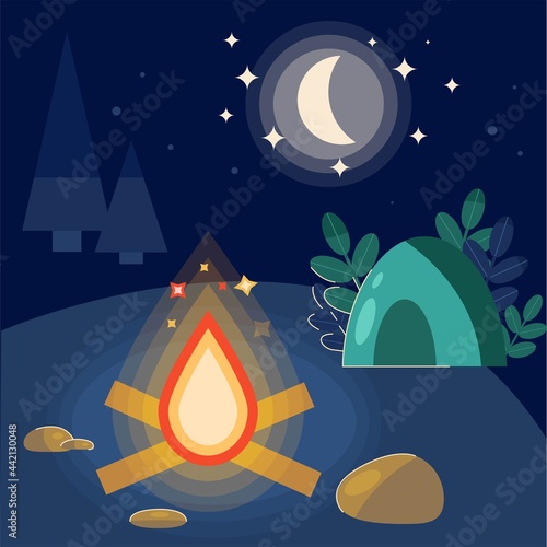 camping trip with a tent and a bonfire on a moonlit night