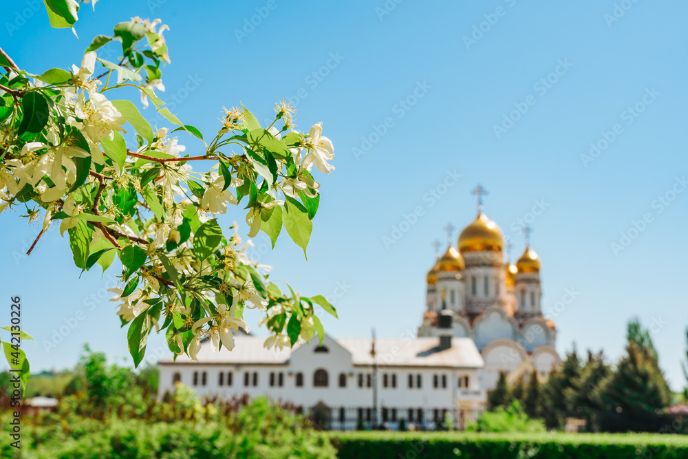 Orthodox Church with golden domes on a summer day in the blue sky, Togliatti, Russia