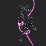 One line art style woman. Pink neon line on the dark background. Outline design wallpaper