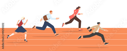 Businessmen on a treadmill in the race. Competition business concept. Vector illustration in trendy flat style