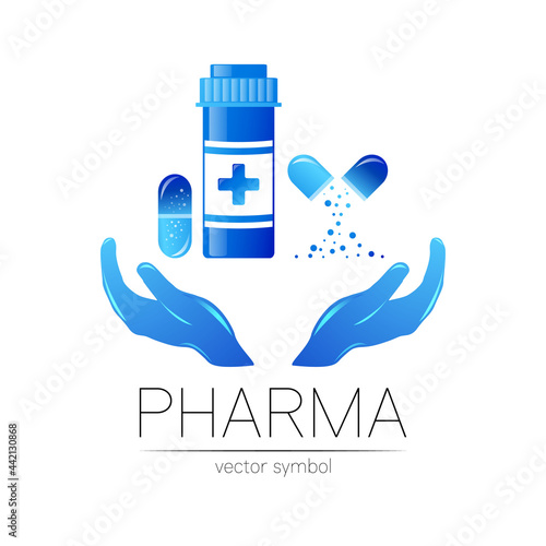 Medicine Jar Vector Logo Symbol Medical Bottle in flat style Pill Design Element for Pharmacy with Human Hand