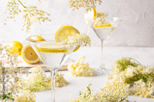 Gin and tonic with elderflower refreshing summer cocktail garnished with lemons