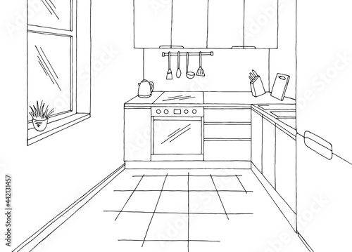 Kitchen room graphic black white home interior sketch illustration vector 