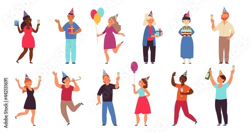 Birthday people. Flat anniversary party, person holding balloon and cake. Woman friends, corporate greetings celebration decent vector characters