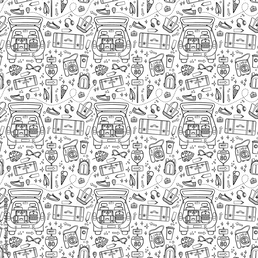 Travel and vacation seamless pattern with travel elements. Seamless pattern for design, posters, backgrounds vacation and trip theme. Car, suitcase, camera in line style.