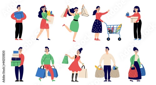 Flat people on shopping. Shop person, woman with present. Retail shoppers characters, in store with cart and man with purchase. Isolated cartoon buyer vector set