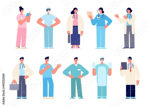 Hospital doctor characters. Doctors clinic, isolated male surgery. Female medical workers, nurse in mask. Cartoon healthcare utter vector set