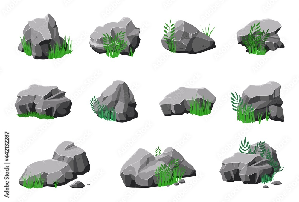 Stones in grass. Cartoon natural mountain stone, granite design with green.  3d rock texture, isolated natural boulder. Geology recent vector elements  Stock Vector | Adobe Stock