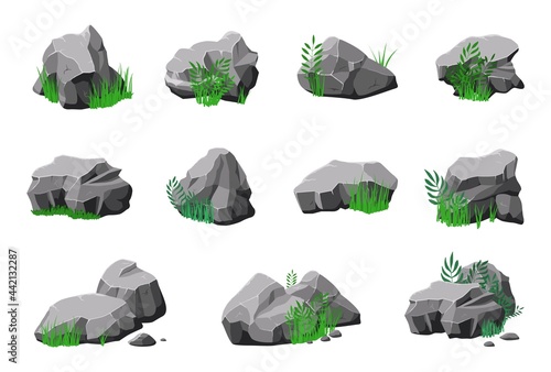 Stones in grass. Cartoon natural mountain stone, granite design with green. 3d rock texture, isolated natural boulder. Geology recent vector elements