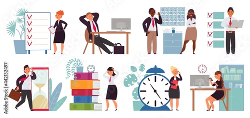Business time management. Productivity people, abstract clock and task calendar. Corporate workflow, success employee on workplace decent vector scenes