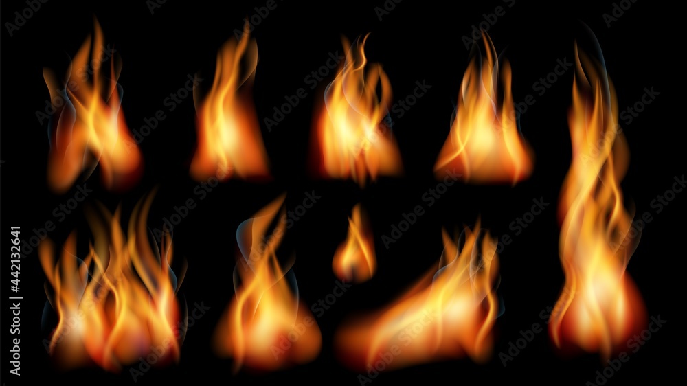 Realistic fire. Bright flames, fires flame isolated on black. Smoke effect, fireplace or burn torch vector collection Realistic fire. Bright flames, fires flame isolated on black. Smoke effect, fireplace or burn torch vector collection
