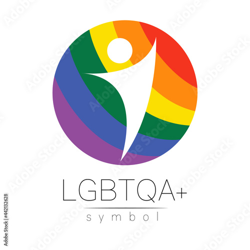 Vector LGBTQA logo symbol. Pride flag background. Icon for gay, lesbian, bisexual, transsexual, queer and allies person. Can be use for sign activism, psychology or counseling. LGBT logotype on white. © vittmann