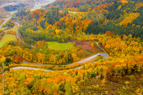 View from drone of undulating forest landscape with curving road on autumn day..