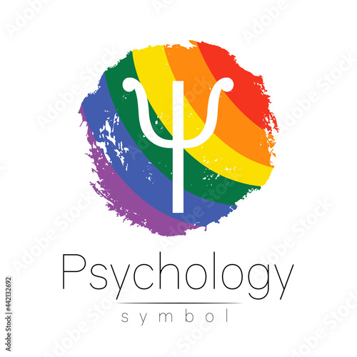 Modern logo of Psychology. Psi. Creative style. Logotype in vector. Design concept. Brand company. Rainbow color blot and letter on white. Symbol for LGBT, web, print, card, flyer. Brush stroke