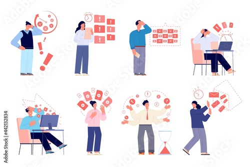 Work deadline. Stressed employer, businessman hard working. Stress corporate workflow. Corporative discipline, boss planning utter vector concept