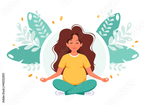 Pregnant woman meditating in lotus pose. Healthy pregnancy concept. Vector illustration