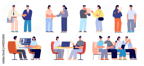 Company hr recruiting. Professionals meet, recruit job interview. Man with computer interviewed employees. Personnel management utter vector set