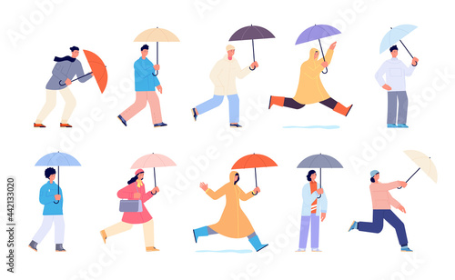 People with umbrella. Autumn rain umbrellas, woman walking rainy day. Person in yellow raincoat, isolated cartoon adults on street utter vector set