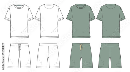 
Basic Set T Shirt and shorts technical fashion sketch vector template isolated on white background front and back view. Vector art drawing illustration Eps 10. Men's Apparel design.