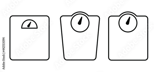 Diet scale or weighing scale. Balance concept. Vector fitness sport pictogram. Bathroom weight scale icon. World diabetes day. People on unhealthy with overweight, obesity problem. Fat, calories.