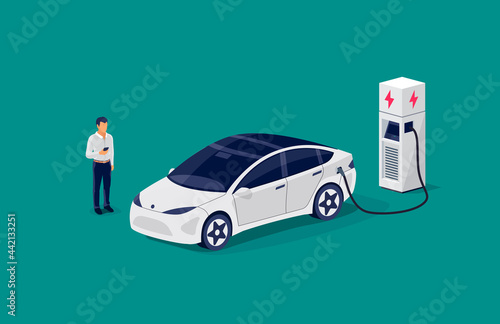Isometric electric car charging parking at the charger station with a plug in cable. Flat vector illustration with waiting man and smartphone on colour background. Electrified transportation e-motion.