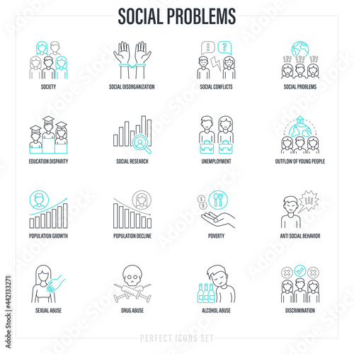 Social problems thin line icons set. Unpredictable future, social research, anti social behavior, education disparity, unemployment, outflow of young people, poverty, sexual abuse. Vector illustration