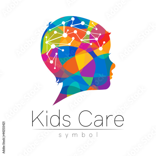 Child rainbow logotype in vector. Silhouette profile human head with brain. Concept logo for people, children, autism, kids, therapy, clinic, education. Template symbol modern design isolated on white © vittmann