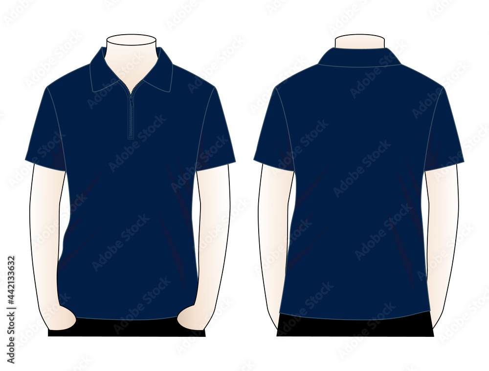 Blank navy blue short sleeve polo shirt with zip placket template on white  background.Front and back view, vector file Stock Vector | Adobe Stock