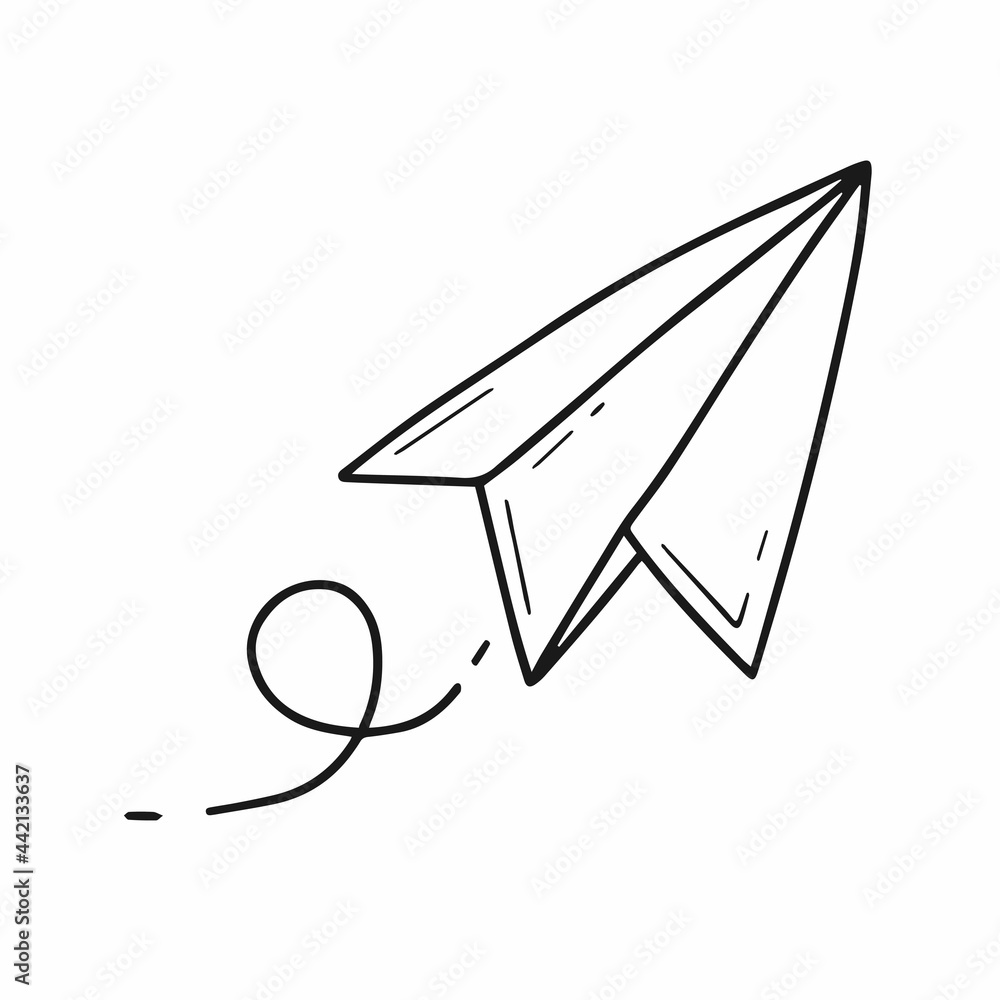 Flying paper airplane in simple doodle style. Vector black and white illustration with an object isolated on a white background. Flying paper airplane in simple doodle style. Vector black and white illustration with an object isolated on a white background.