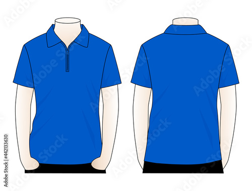 Blue short sleeve zip placket polo shirt template on white background. Front and back views, vector file