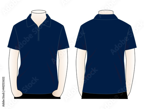 Blank navy blue short sleeve polo shirt with zip placket template on white background. Front and back view, vector file