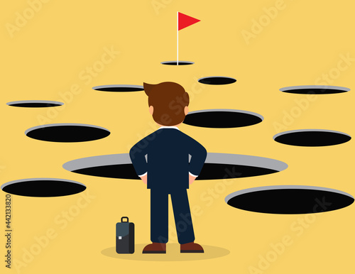 Businessman and the route to success. planning and obstacle avoidance concept
