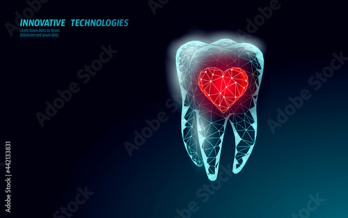 Low poly tooth protection medical concept. Whitening toothpaste enamel reconstruction healthcare. Polygonal healthy dentistry procedure glowing heart vector illustration