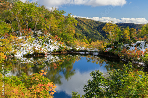 大雪高原温泉沼めぐりの紅葉と新雪（エゾ沼）