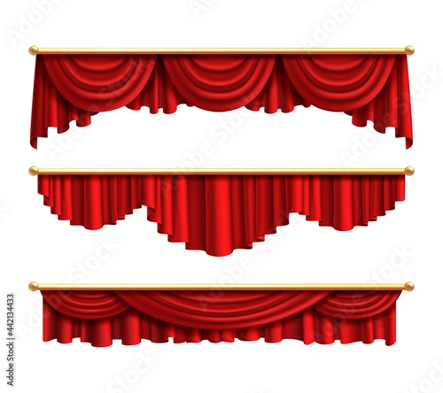 Red curtains. Realistic luxury curtain cornice set. Interior drapery textile, silk or velvet scene decoration. Theatre or circus fabric portiere design. Vector isolated on white objects