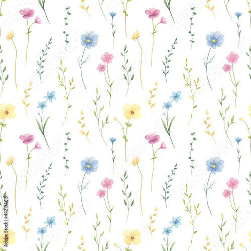 Watercolor wildflowers vintage seamless pattern. Summer flowers hand-painted background. Perfect for textile  fabric  covers. 