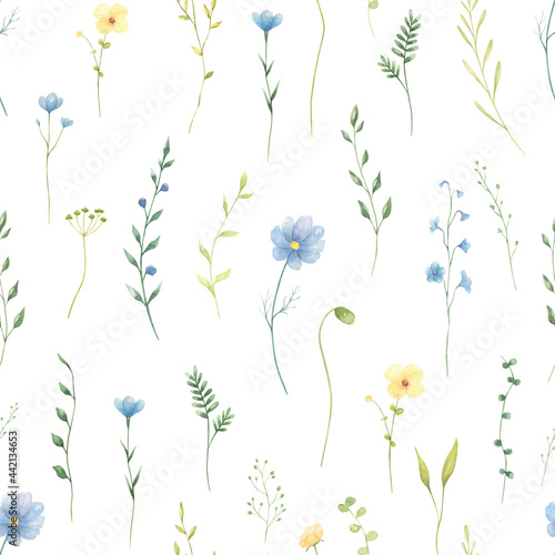 Watercolor wildflowers vintage seamless pattern. Summer flowers hand-painted background. Perfect for textile, fabric, covers.  © Tanya Trink